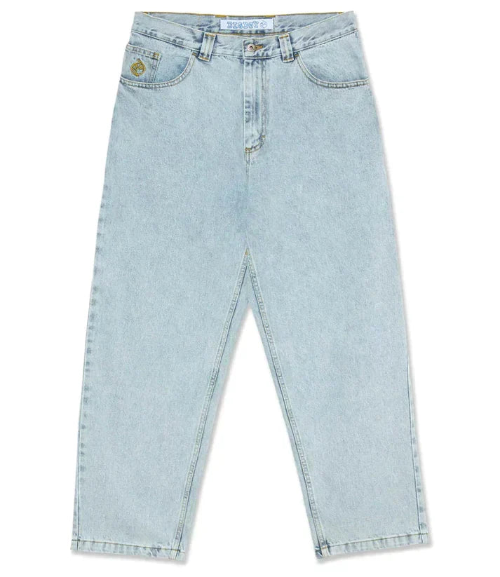 Men's baggy wide-leg jeans shown in black and light blue washes