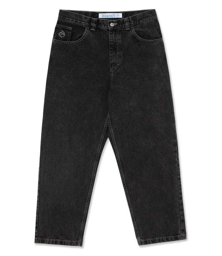 Men's baggy wide-leg jeans shown in black and light blue washes