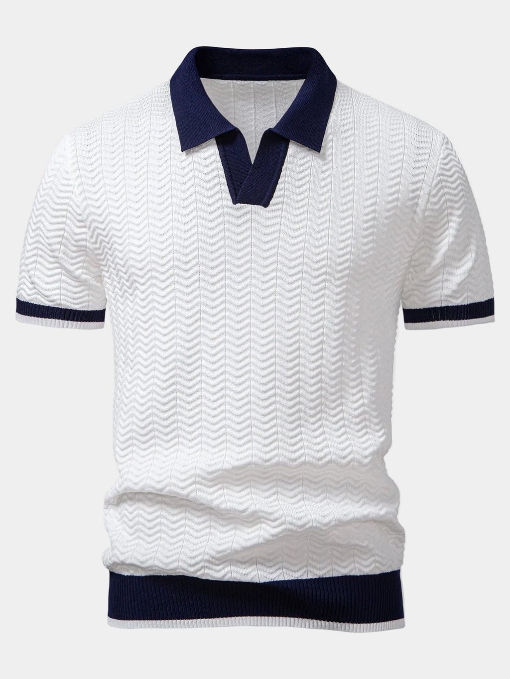 Men's short sleeve textured knit polo with contrast collar and trim