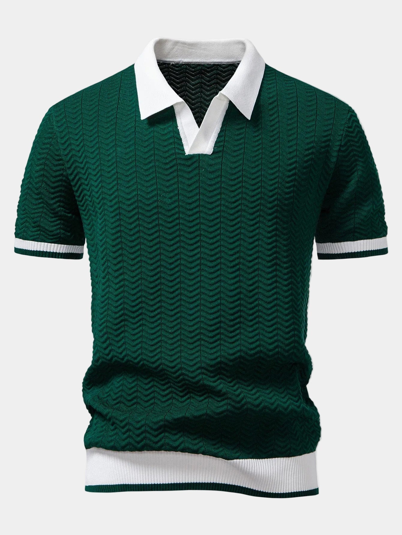 Men's short sleeve textured knit polo with contrast collar and trim