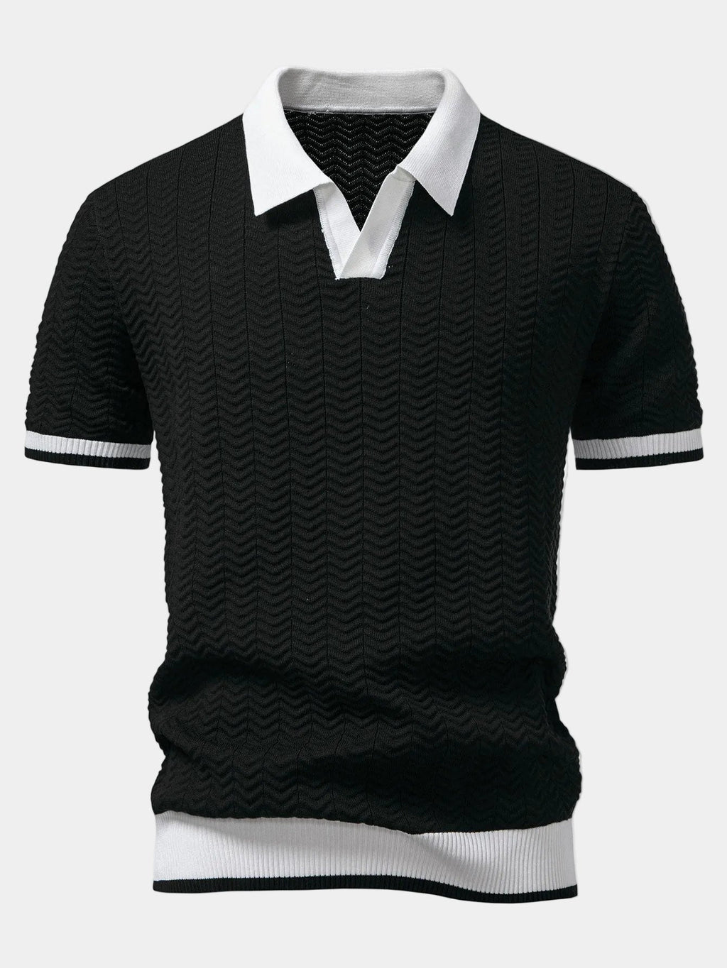 Men's short sleeve textured knit polo with contrast collar and trim