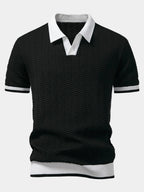 Men's short sleeve textured knit polo with contrast collar and trim