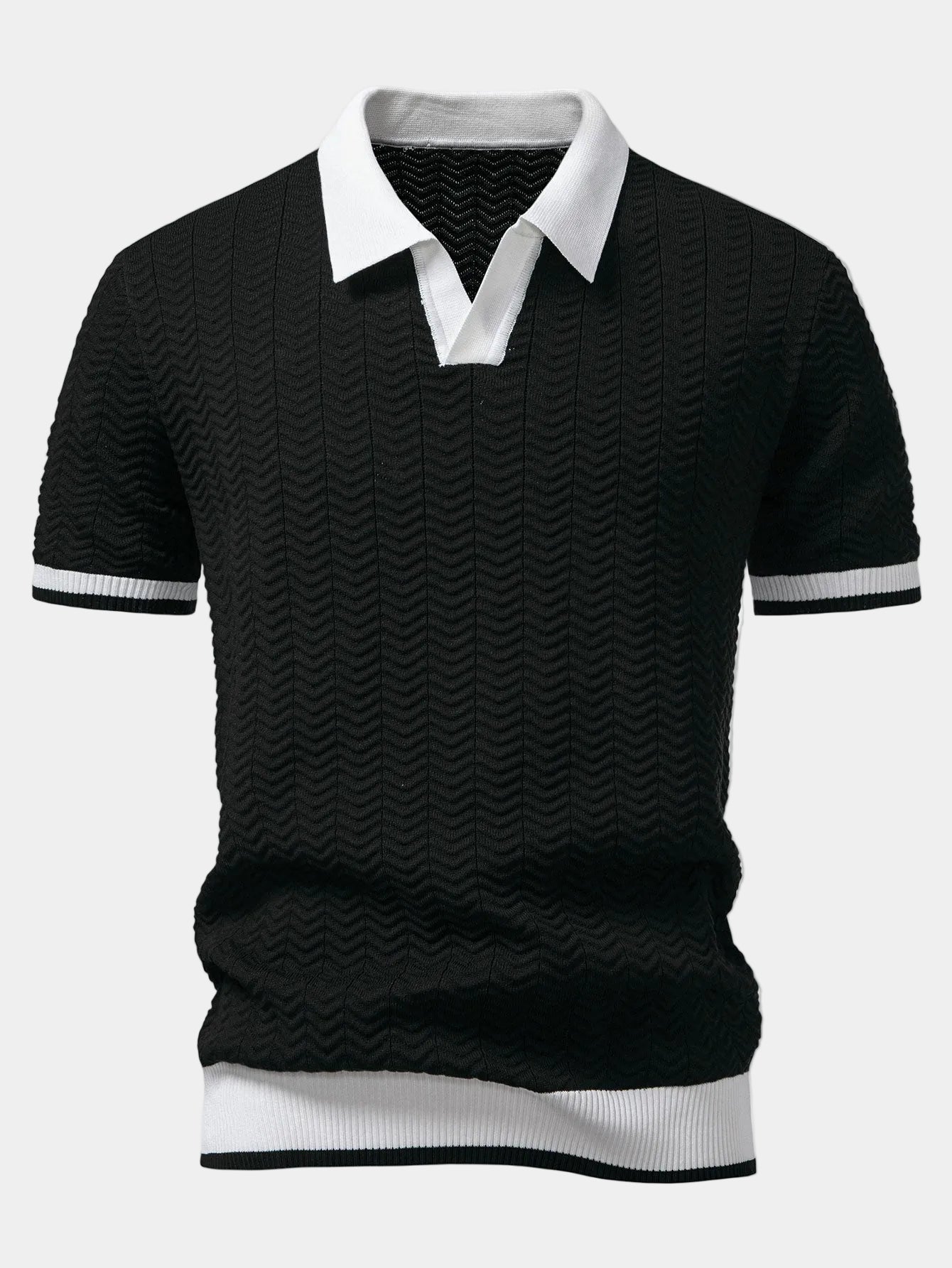 Men's short sleeve textured knit polo with contrast collar and trim
