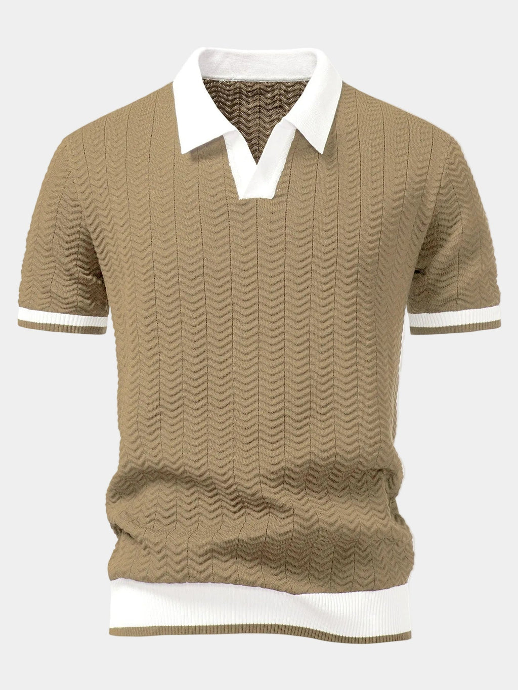 Men's short sleeve textured knit polo with contrast collar and trim
