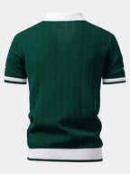 Men's short sleeve textured knit polo with contrast collar and trim