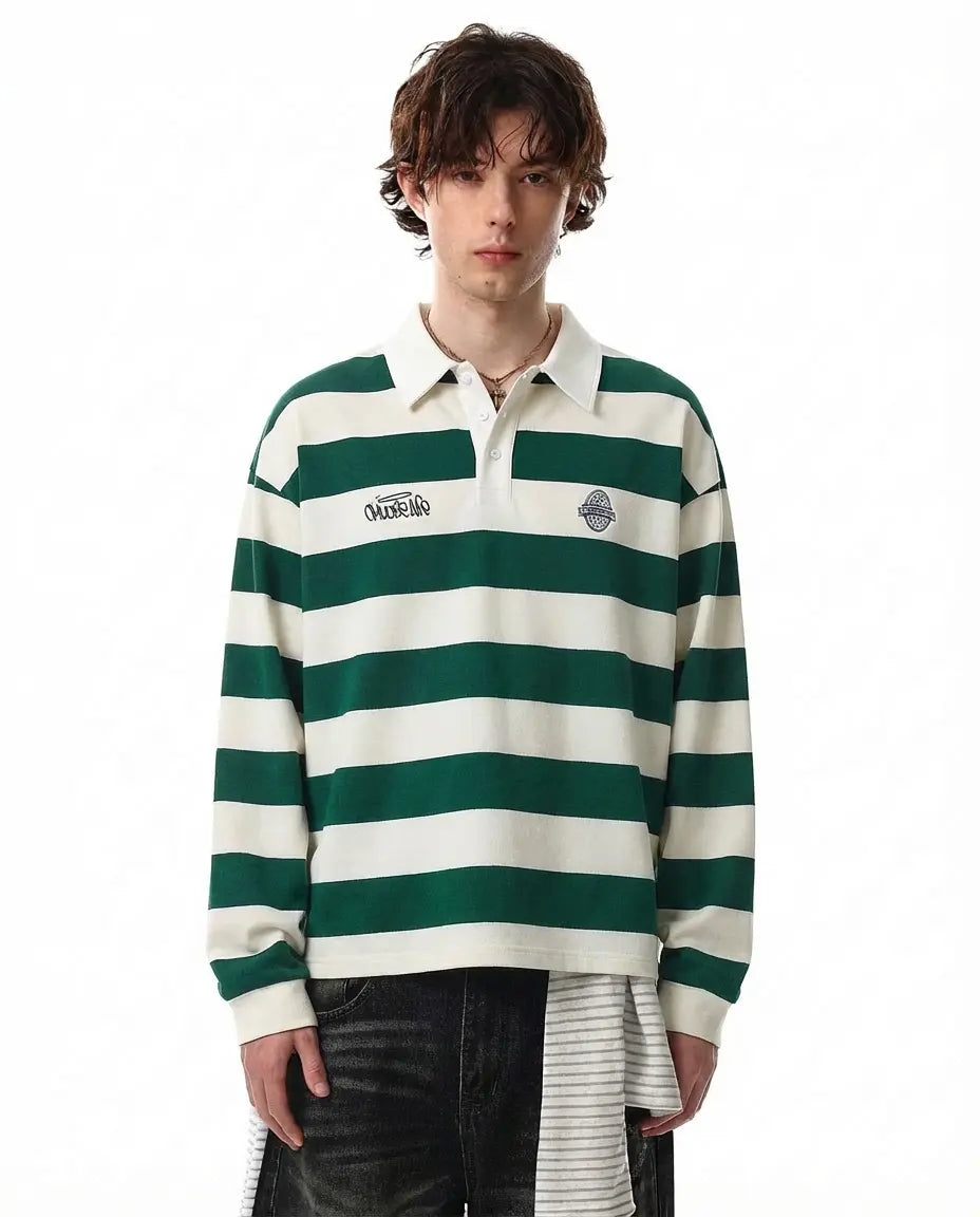 Unisex striped rugby polo shirt with a white collar and long sleeves