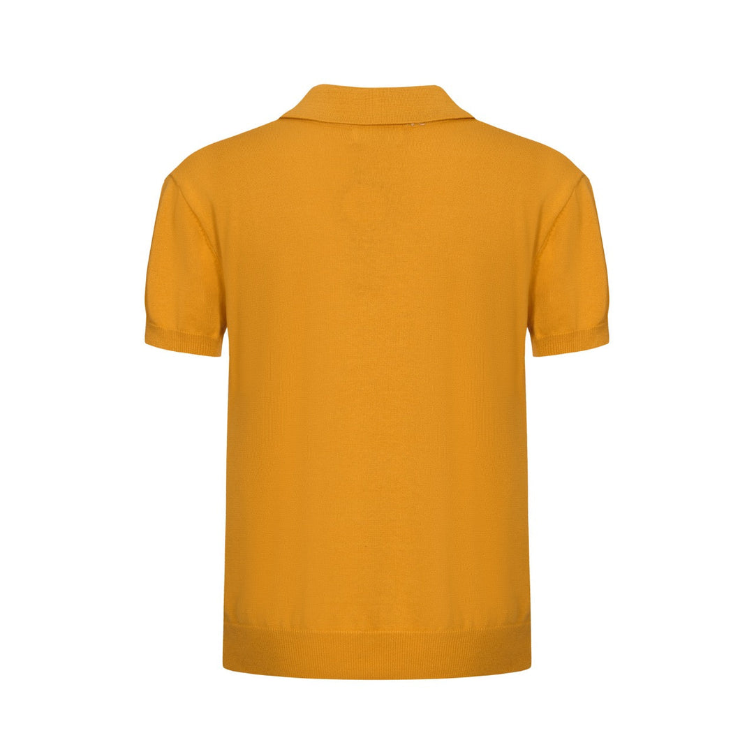 Men's yellow striped knit polo shirt with short sleeves