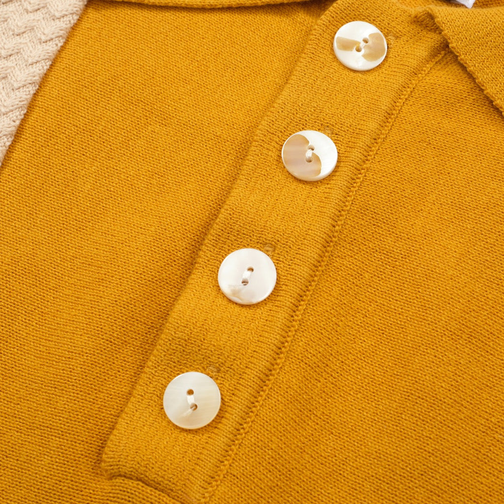 Men's yellow striped knit polo shirt with short sleeves