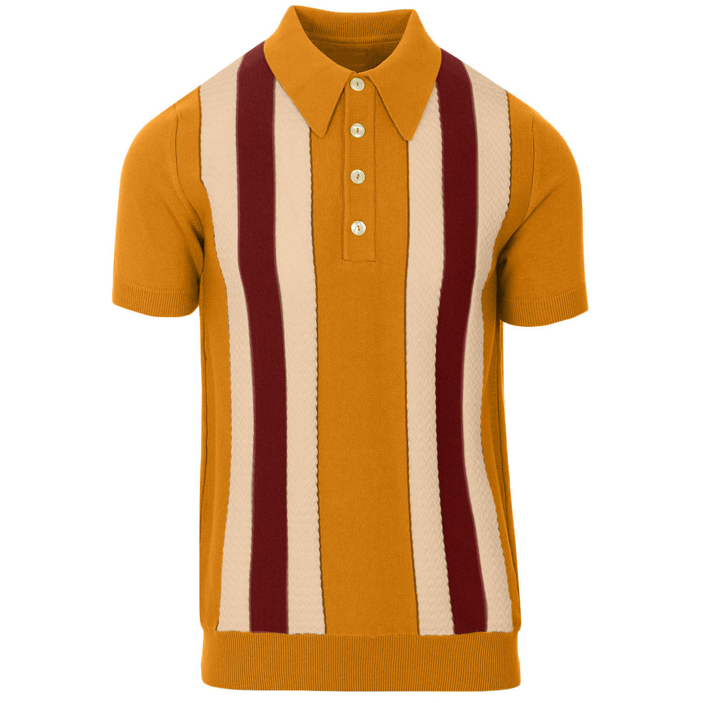 Men's yellow striped knit polo shirt with short sleeves