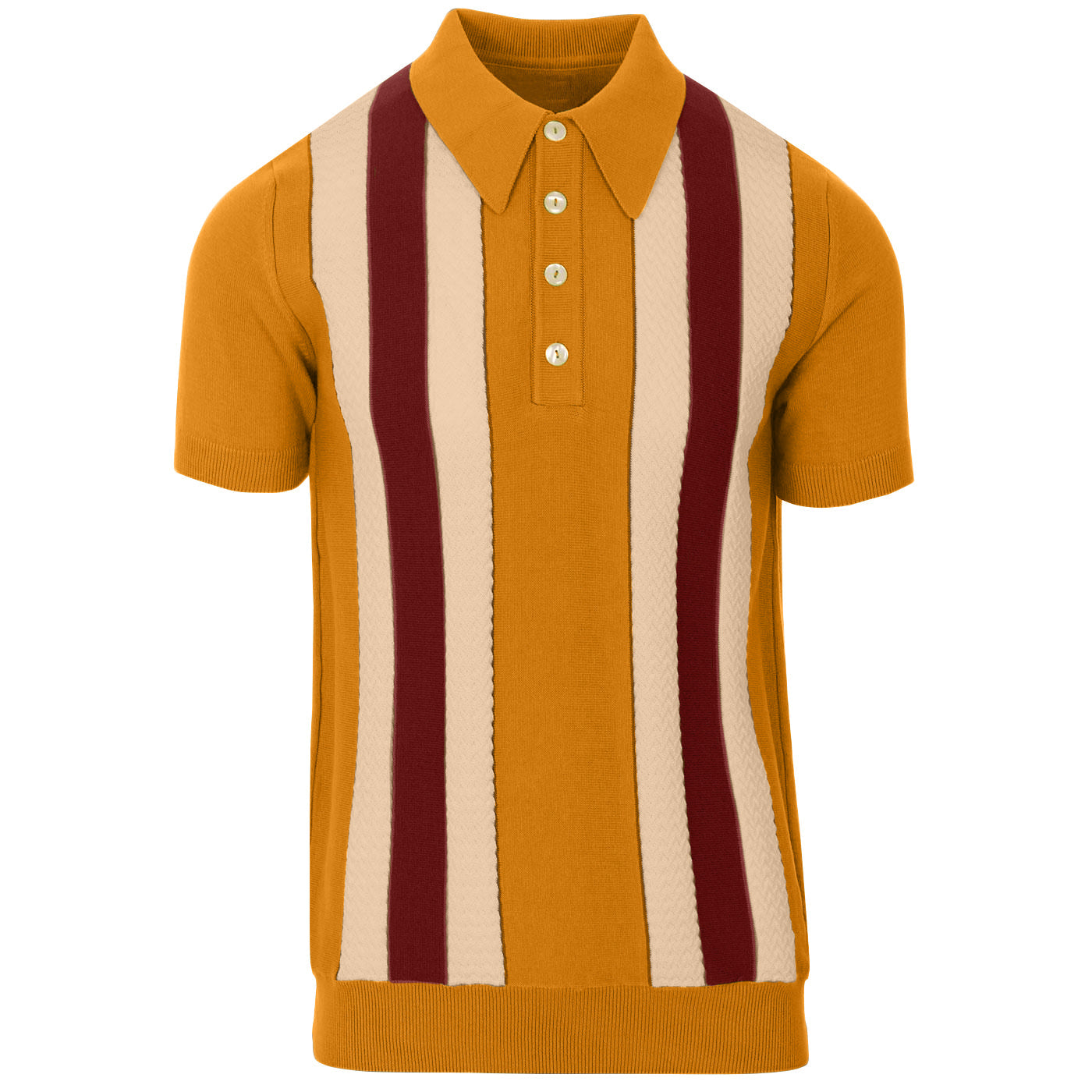 Men's yellow striped knit polo shirt with short sleeves