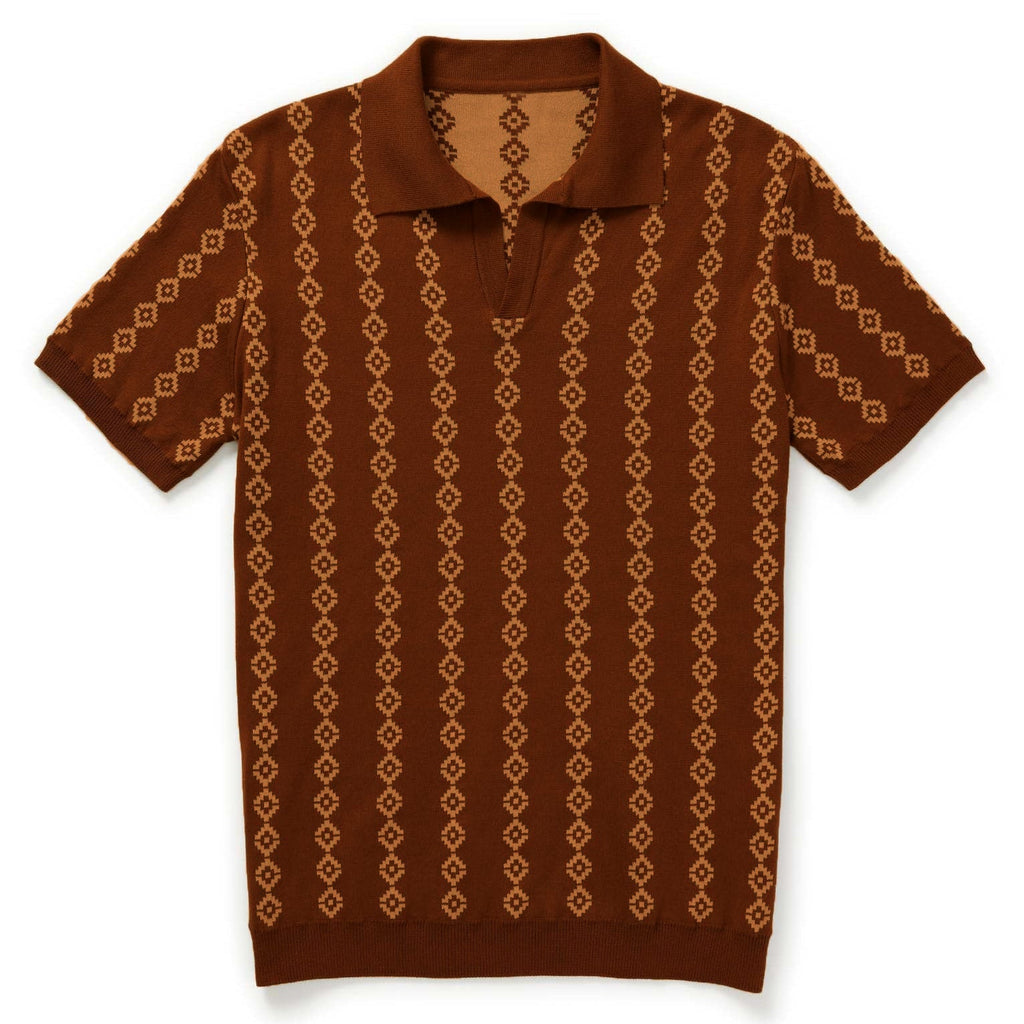 Men's brown geometric knit polo shirt with short sleeves