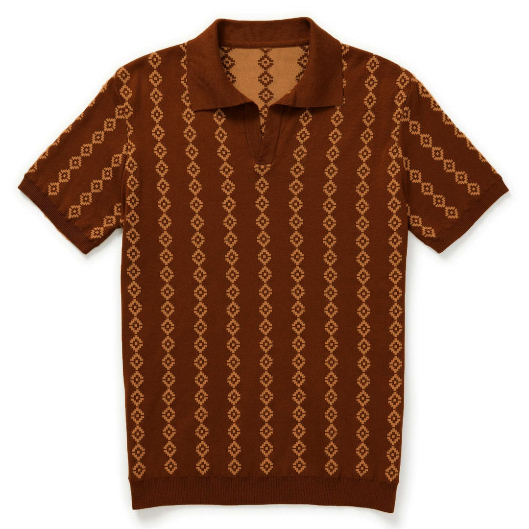 Men's brown geometric knit polo shirt with short sleeves
