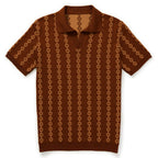 Men's brown geometric knit polo shirt with short sleeves