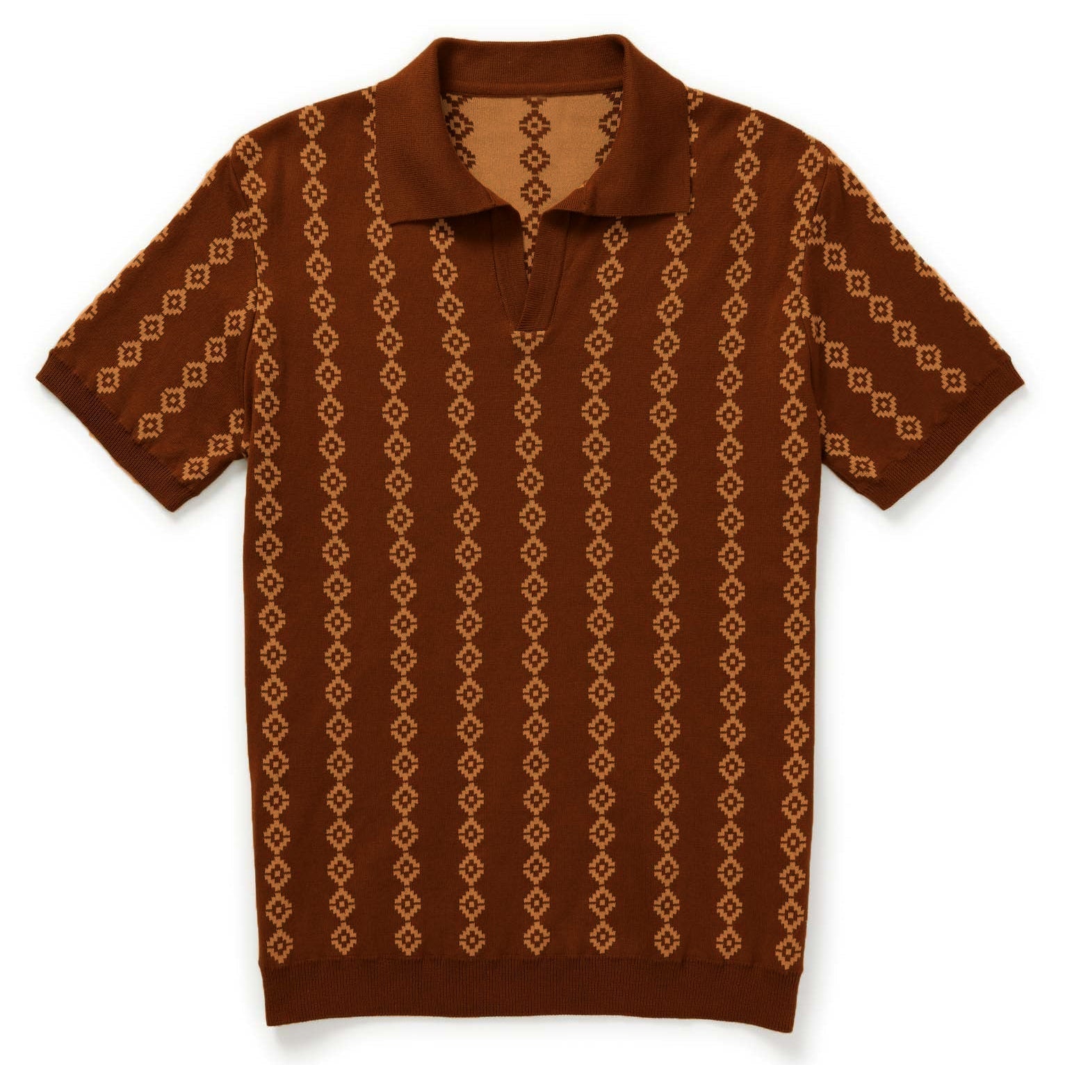 Men's brown geometric knit polo shirt with short sleeves