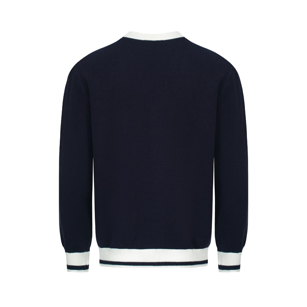 Men's navy cardigan with pale contrast trim and button front