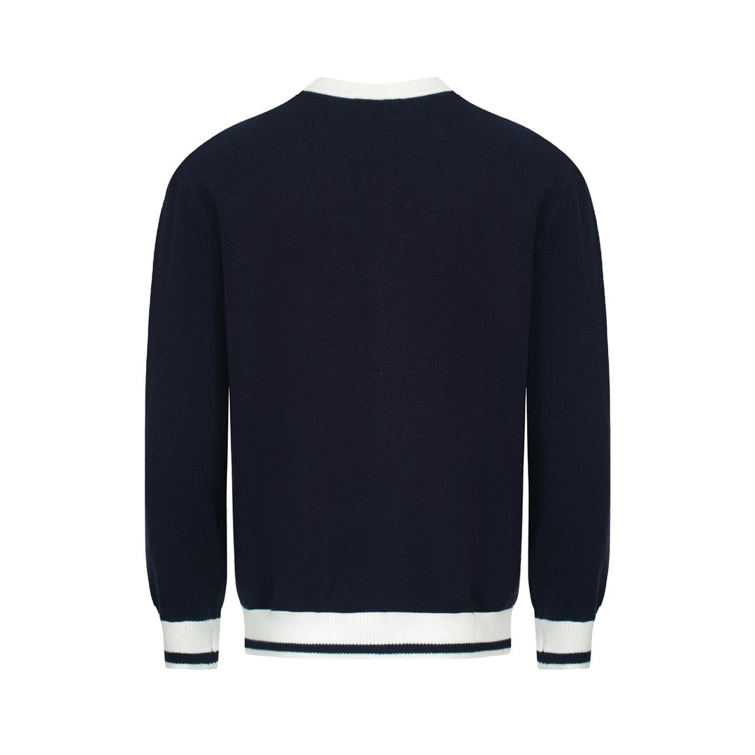 Men's navy cardigan with pale contrast trim and button front