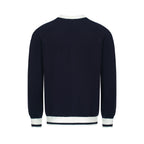 Men's navy cardigan with pale contrast trim and button front