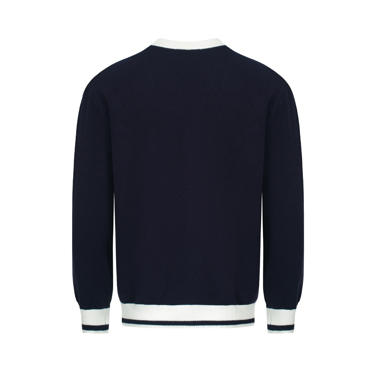 Men's navy cardigan with pale contrast trim and button front