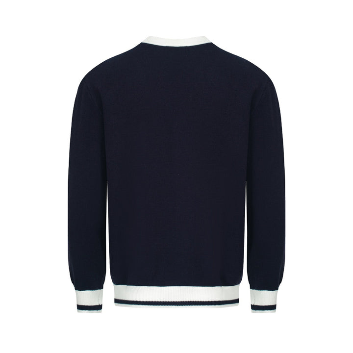 Men's navy cardigan with pale contrast trim and button front