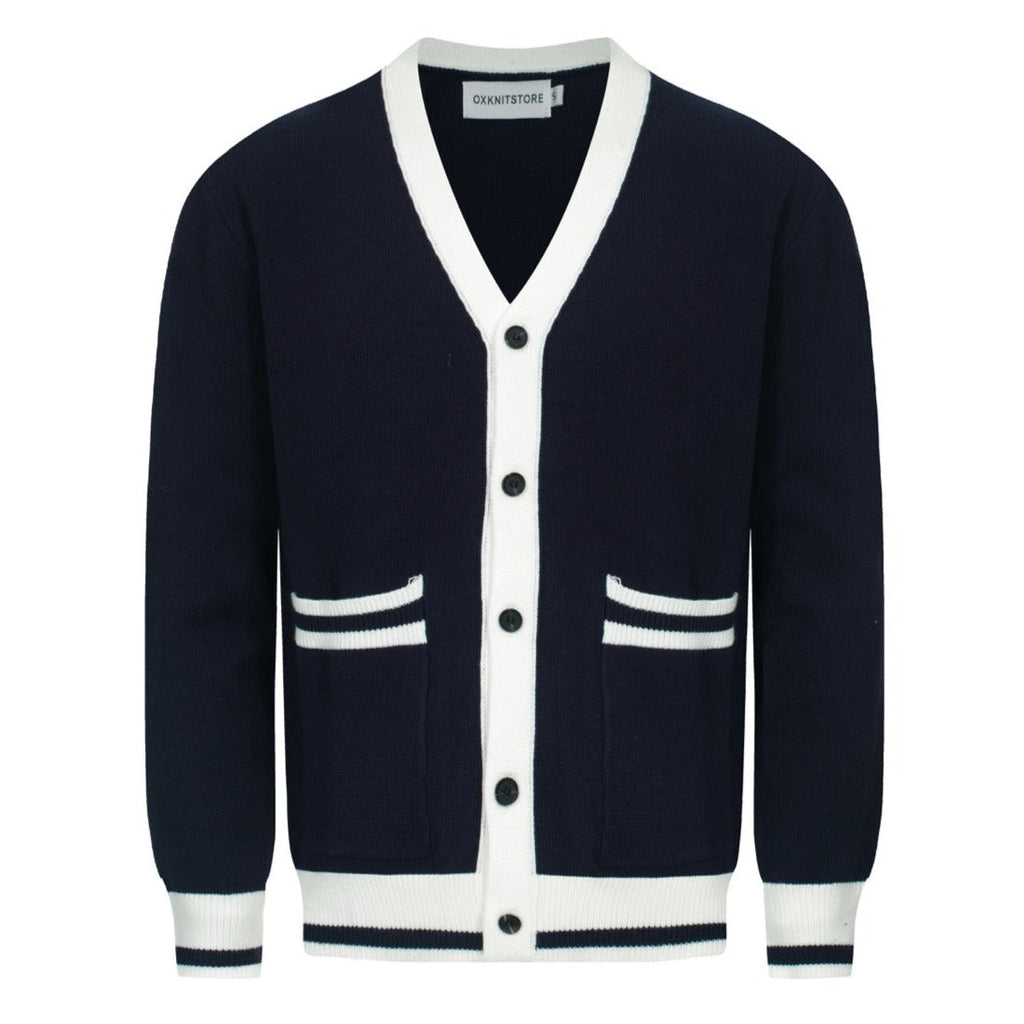 Men's navy cardigan with pale contrast trim and button front