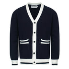 Men's navy cardigan with pale contrast trim and button front