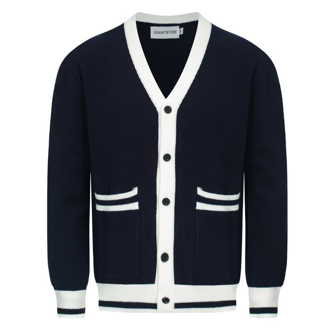 Men's navy cardigan with pale contrast trim and button front
