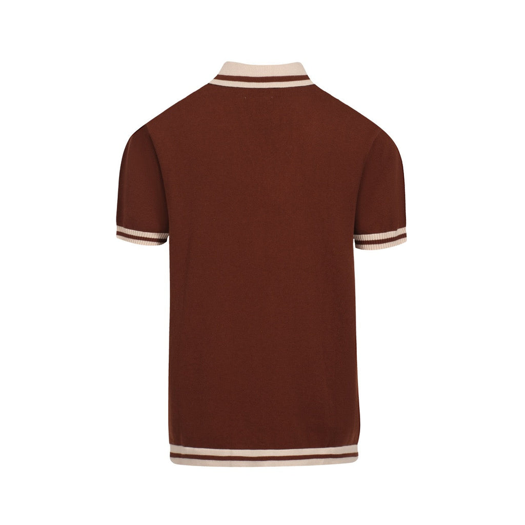 Men's brown knit polo with vertical retro stripes and short sleeves