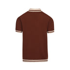 Men's brown knit polo with vertical retro stripes and short sleeves