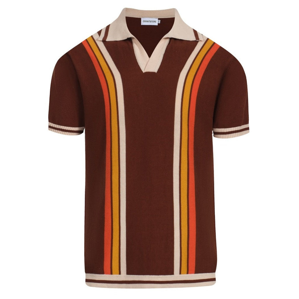 Men's brown knit polo with vertical retro stripes and short sleeves