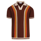 Men's brown knit polo with vertical retro stripes and short sleeves