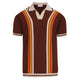 Men's brown knit polo with vertical retro stripes and short sleeves