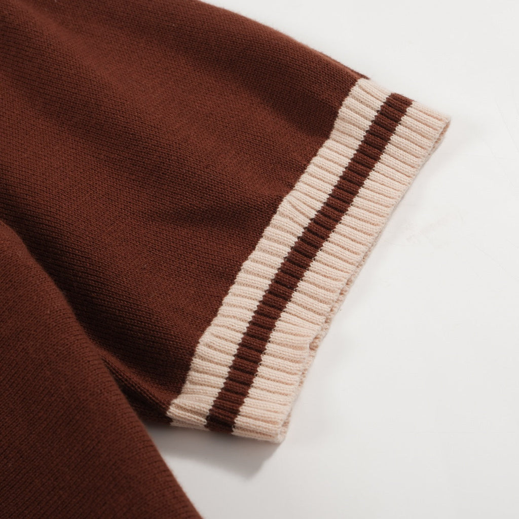 Men's brown knit polo with vertical retro stripes and short sleeves