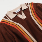 Men's brown knit polo with vertical retro stripes and short sleeves