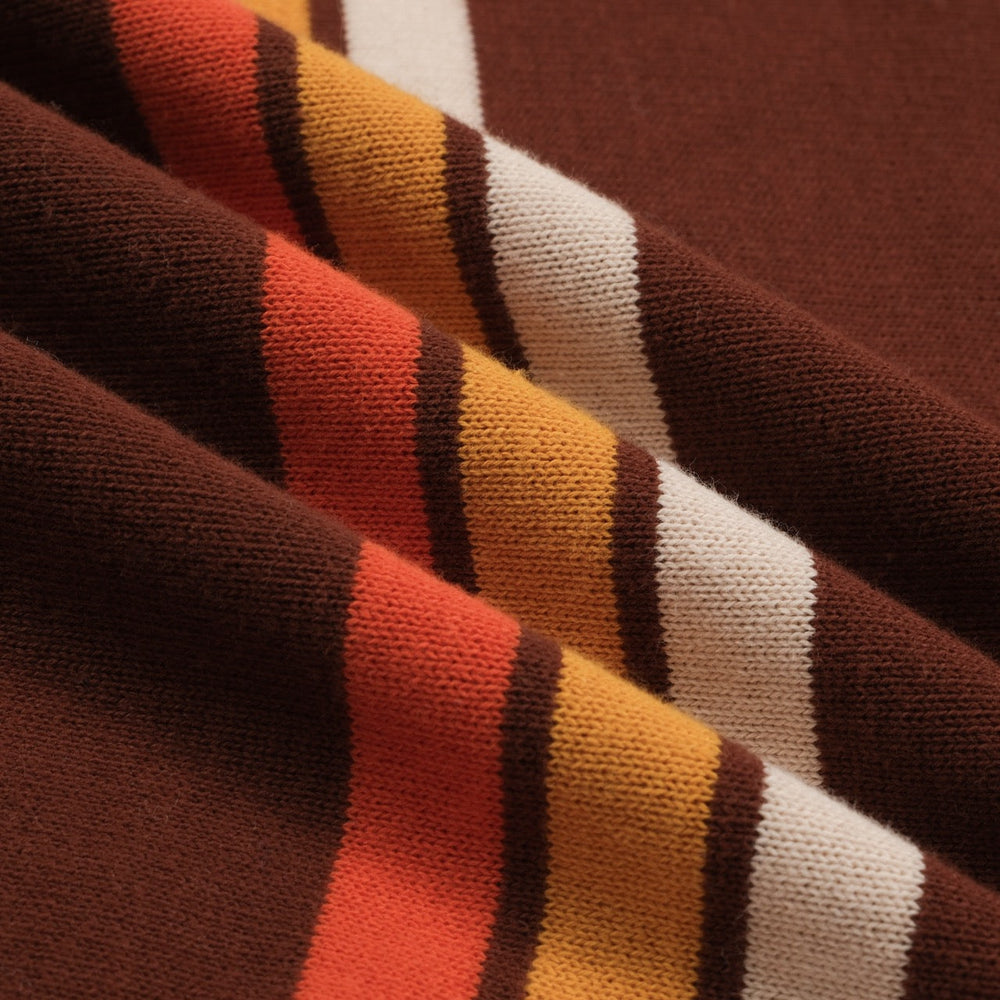 Men's brown knit polo with vertical retro stripes and short sleeves