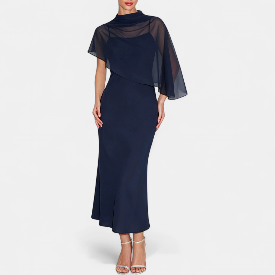 Women's Satin Maxi Dress with Sheer Cape