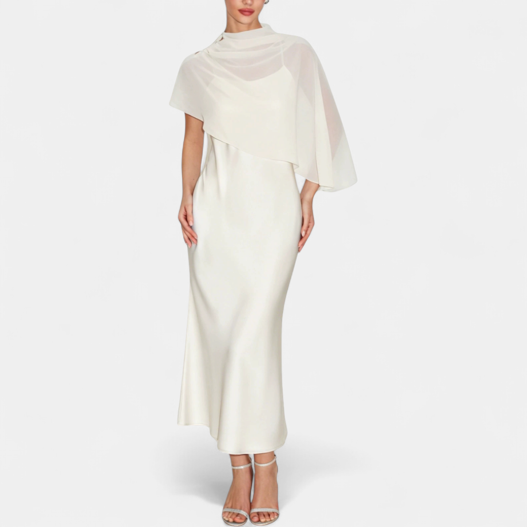 Women's Satin Maxi Dress with Sheer Cape