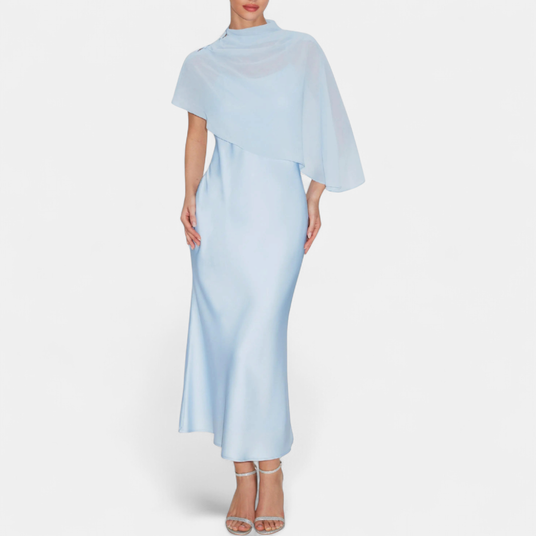 Women's Satin Maxi Dress with Sheer Cape