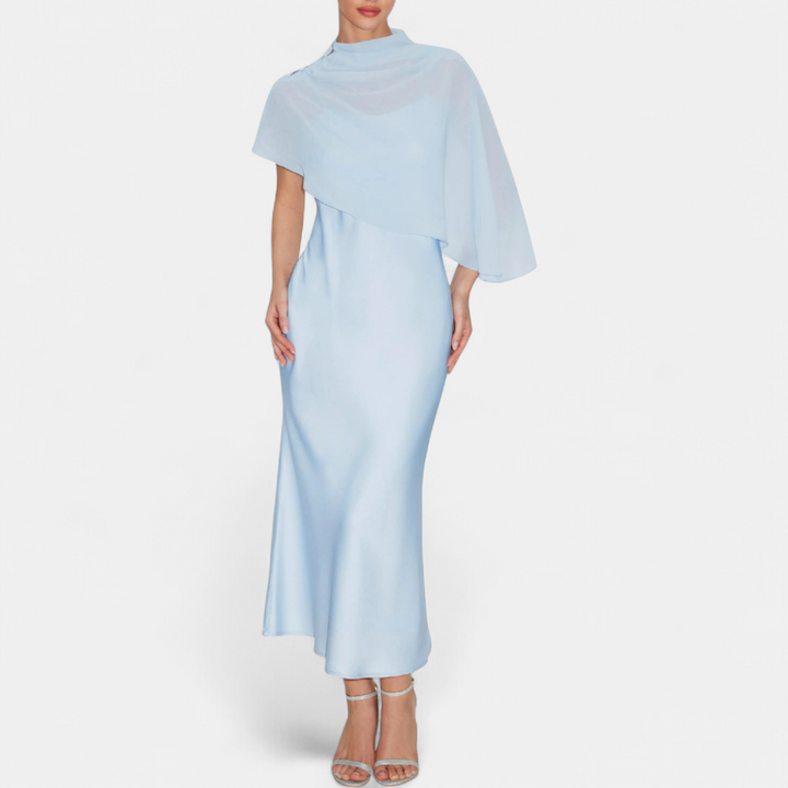 Women's Satin Maxi Dress with Sheer Cape