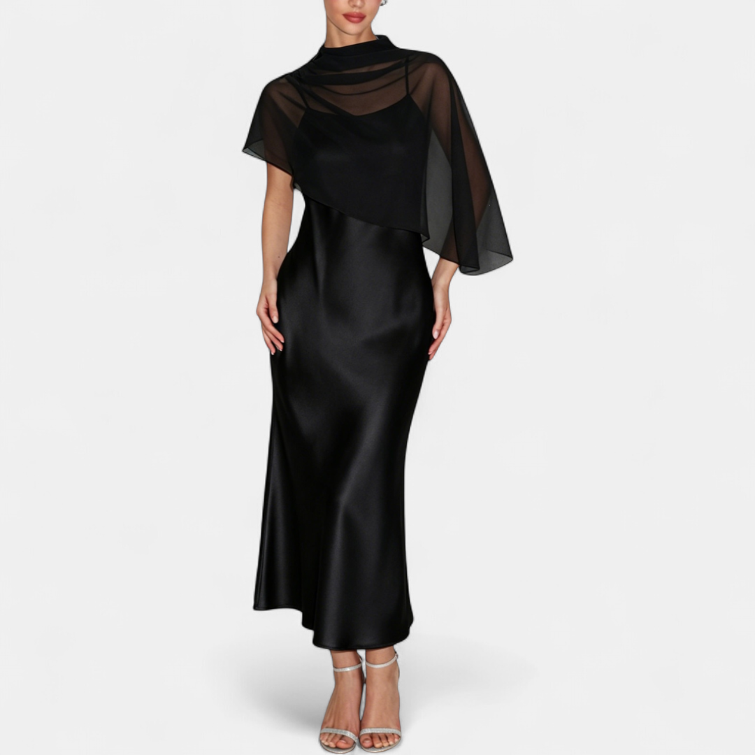Women's Satin Maxi Dress with Sheer Cape