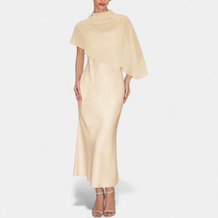 Women's Satin Maxi Dress with Sheer Cape