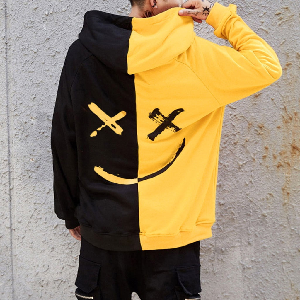 Men's split colour block graphic hoodie with printed back design