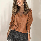 Women's ribbed V-neck sweater with front buttons and long sleeves