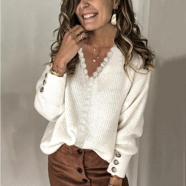 Women's ribbed V-neck sweater with front buttons and long sleeves