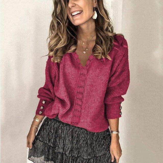 Women's ribbed V-neck sweater with front buttons and long sleeves