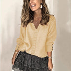 Women's ribbed V-neck sweater with front buttons and long sleeves