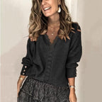 Women's ribbed V-neck sweater with front buttons and long sleeves