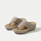 Women's perforated wedge toe-post sandals with decorative side trim