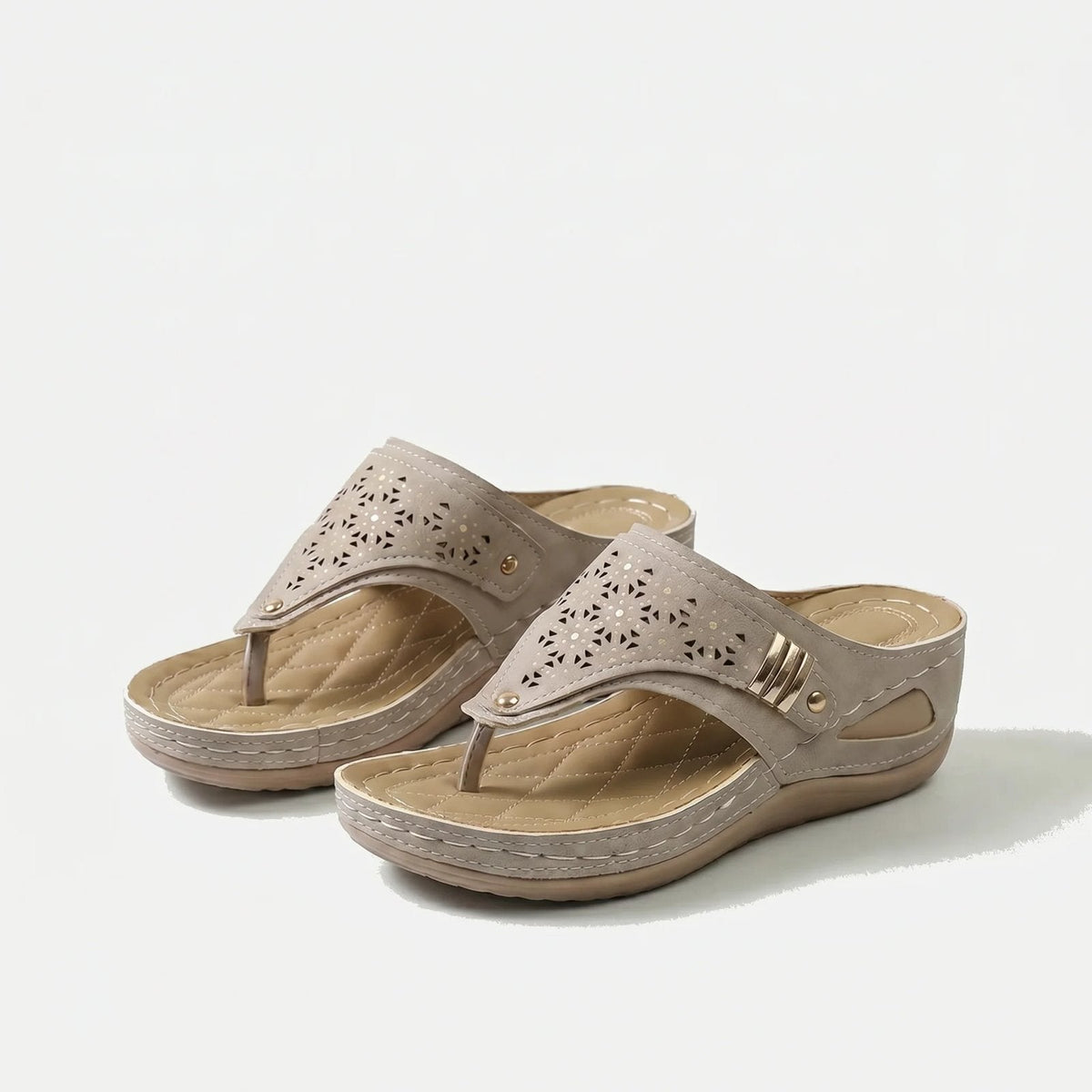 Women's perforated wedge toe-post sandals with decorative side trim