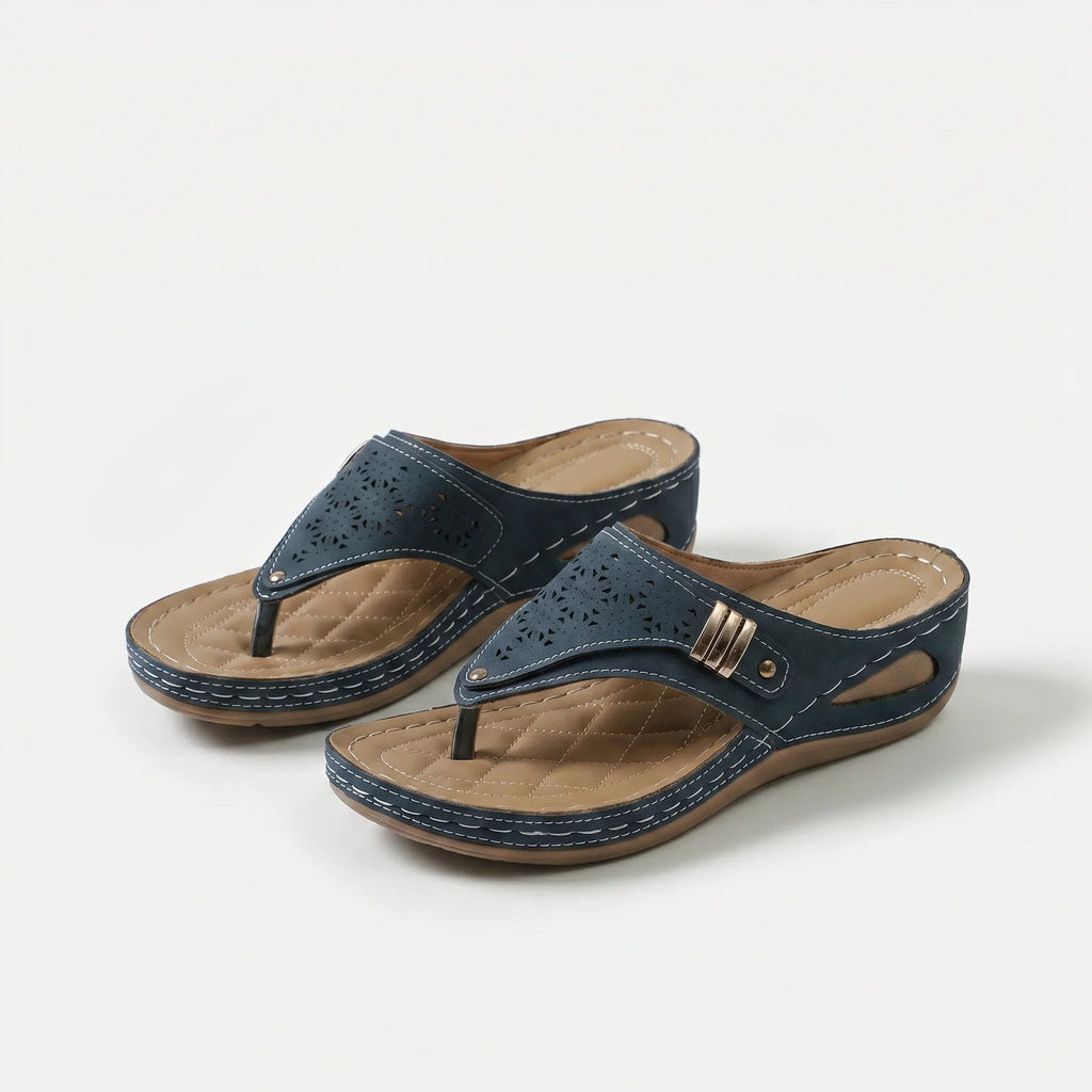 Women's perforated wedge toe-post sandals with decorative side trim