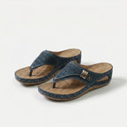 Women's perforated wedge toe-post sandals with decorative side trim